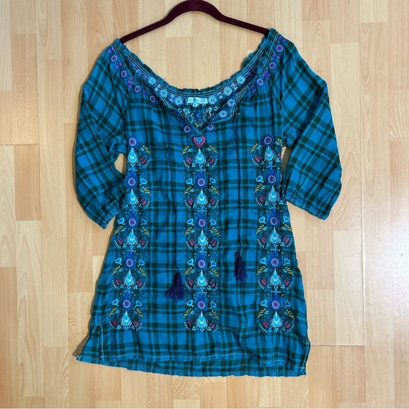Johnny Was 3J Workshop Small Teal Plaid Embroidered Tunic Top Boho Hippie - Picture 7 of 11